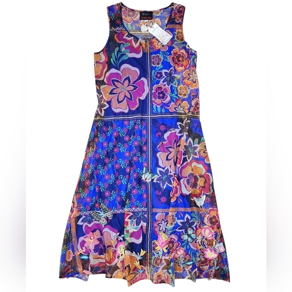 JOHNNY WAS Mazzy Midi Embroiderd Dress NWT Size S Vibrant Colorful